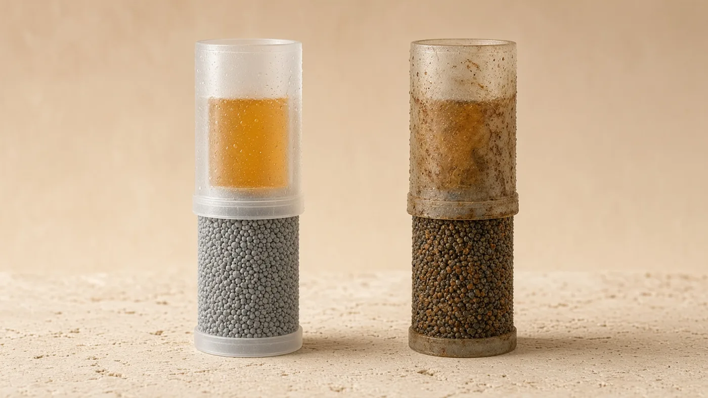 Nieuw filter links, en rechts een vervuild filter na een maand gebruik