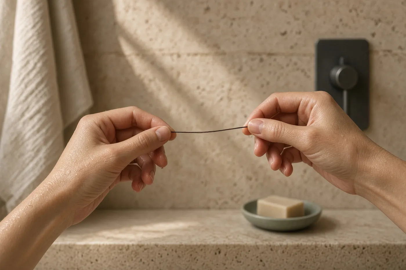 Zwei nasse Hände dehnen unter der Dusche sanft ein Haar, um seine Elastizität zu testen