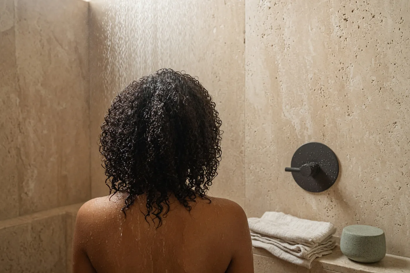 Frau von hinten mit krausen Locken unter der Dusche, anthrazitfarbene Armatur an Travertinwand