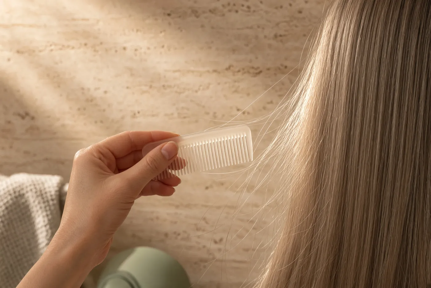 Plastic kam trekt door statische elektriciteit enkele fijne lichtbruine haren aan