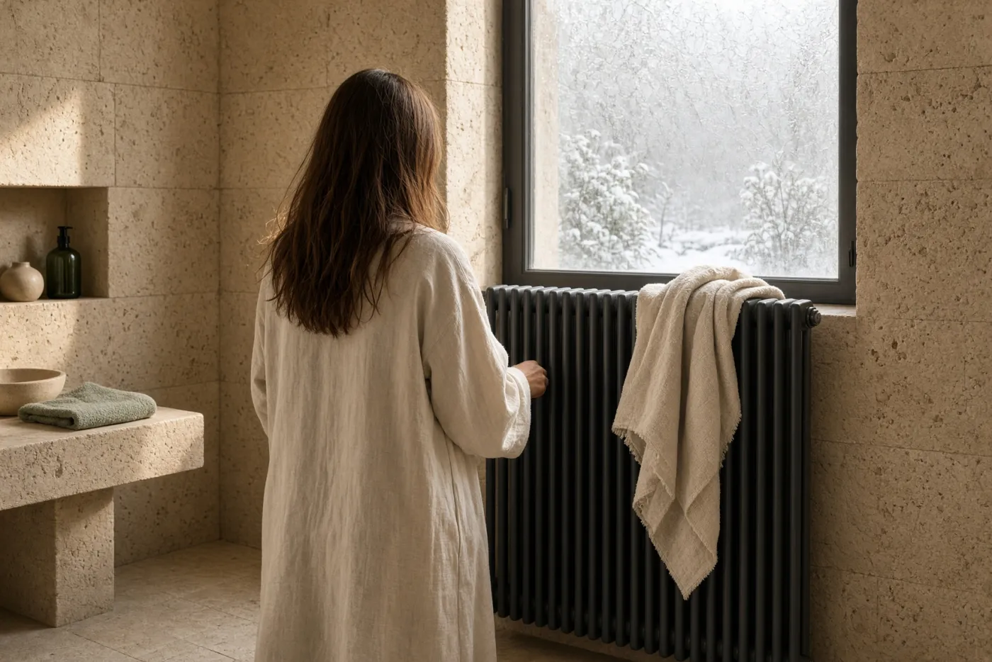 Vrouw van achteren bij een antraciet radiator in de winter, linnen handdoek erop gelegd
