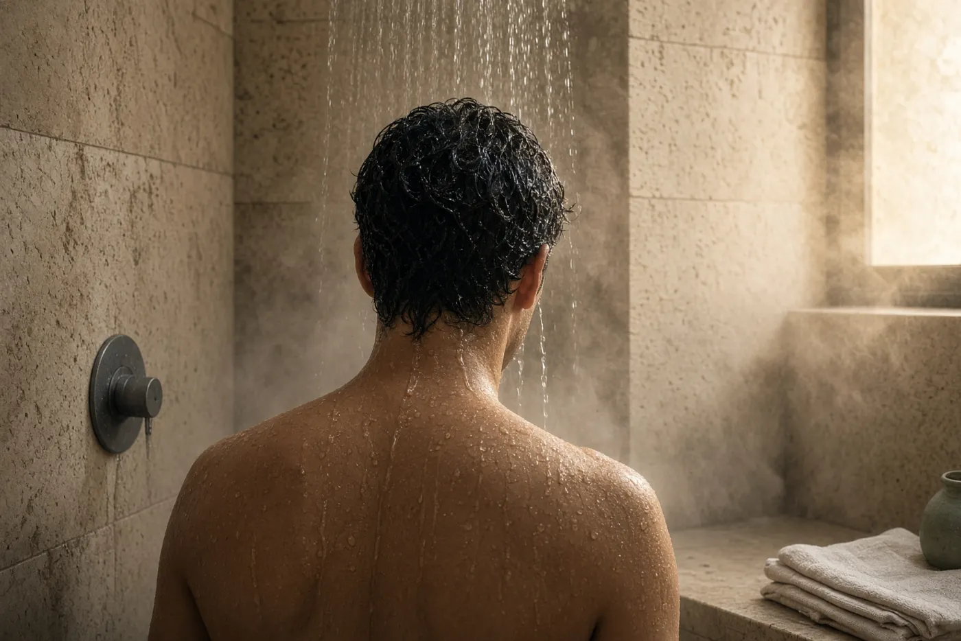 Man van achteren met zwart krullend haar onder een hete douche vol stoom