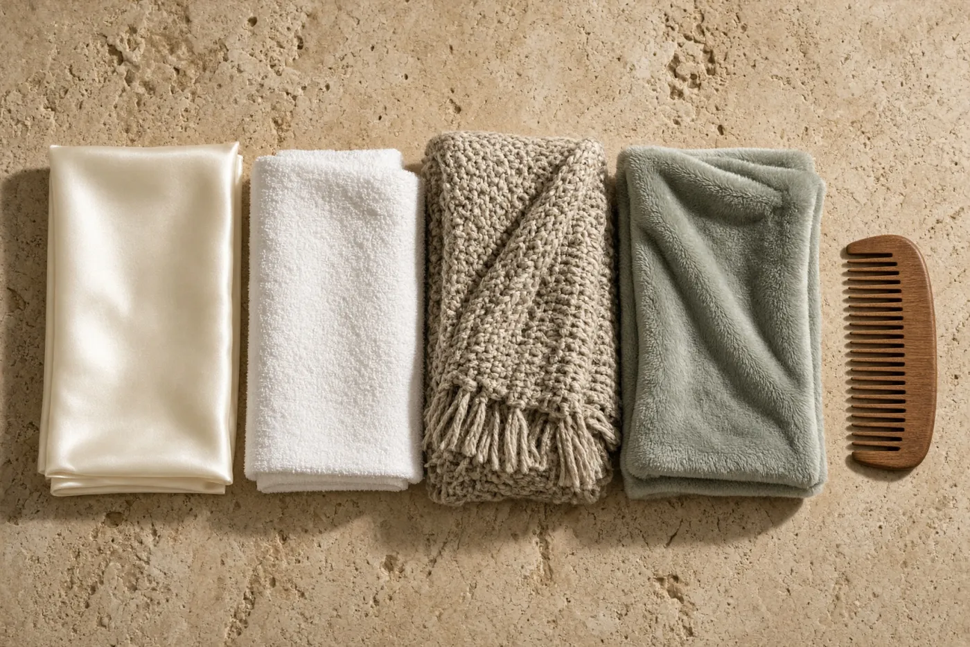 Zijden kussensloop, katoenen handdoek, wollen sjaal en synthetische fleece opgevouwen naast elkaar
