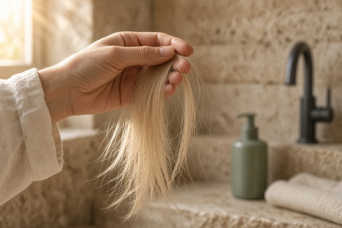 Main tenant une mèche de cheveux blonds très fins qui retombe mollement entre les doigts