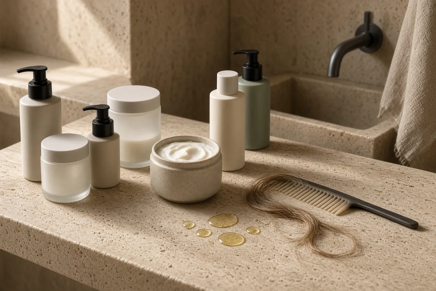 Pots et flacons de soins sans étiquette, crème riche, gouttes d'huile et peigne avec une mèche