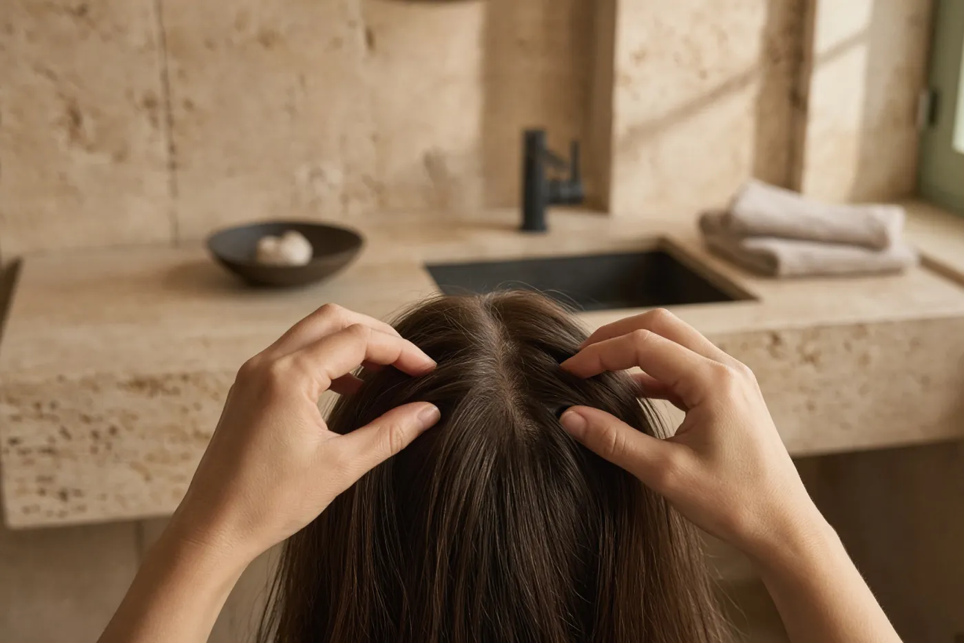 Deux mains pinçant les racines de cheveux fins châtain clair pour en sentir la texture
