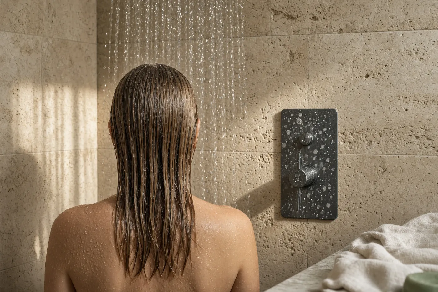 Femme de dos sous la douche, cheveux fins mouillés plaqués, calcaire sur le mitigeur anthracite