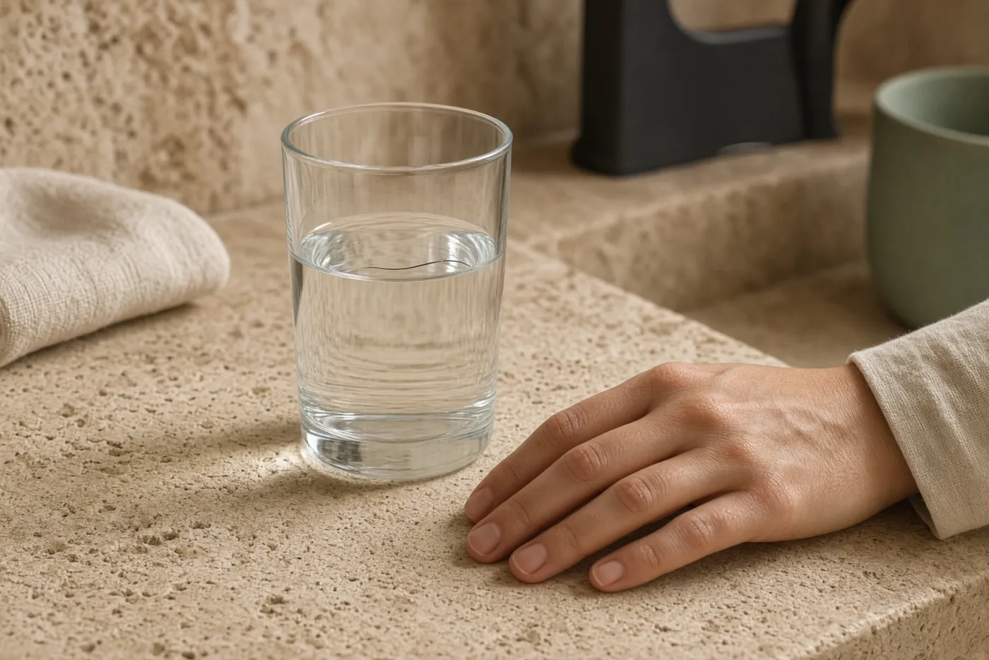 Glas water op een travertin blad met een haar dat op het oppervlak drijft