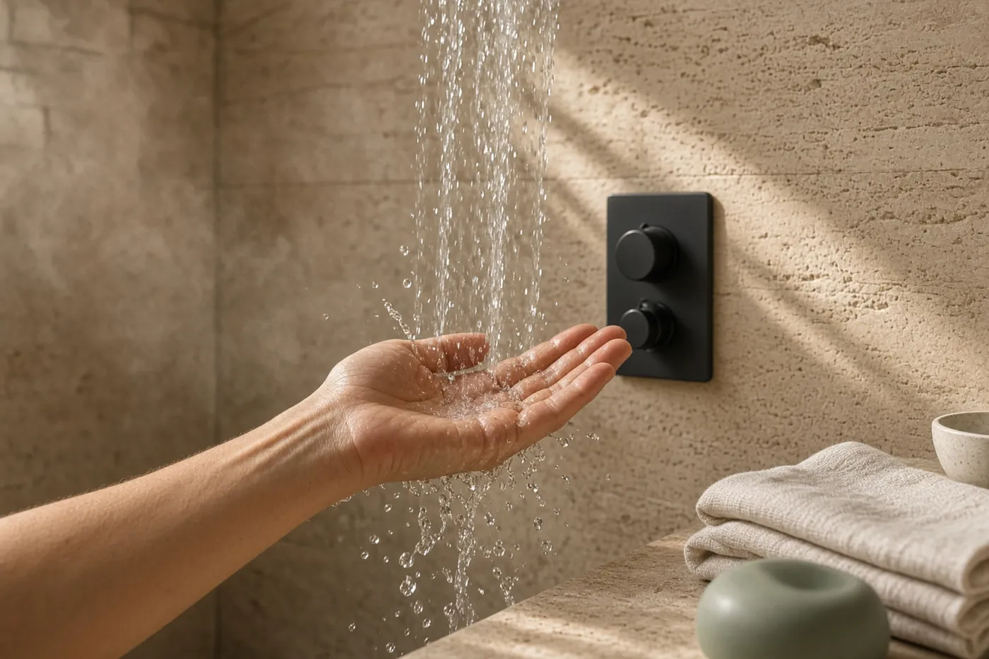 Mano extendida bajo el chorro de la ducha para comprobar la temperatura del agua