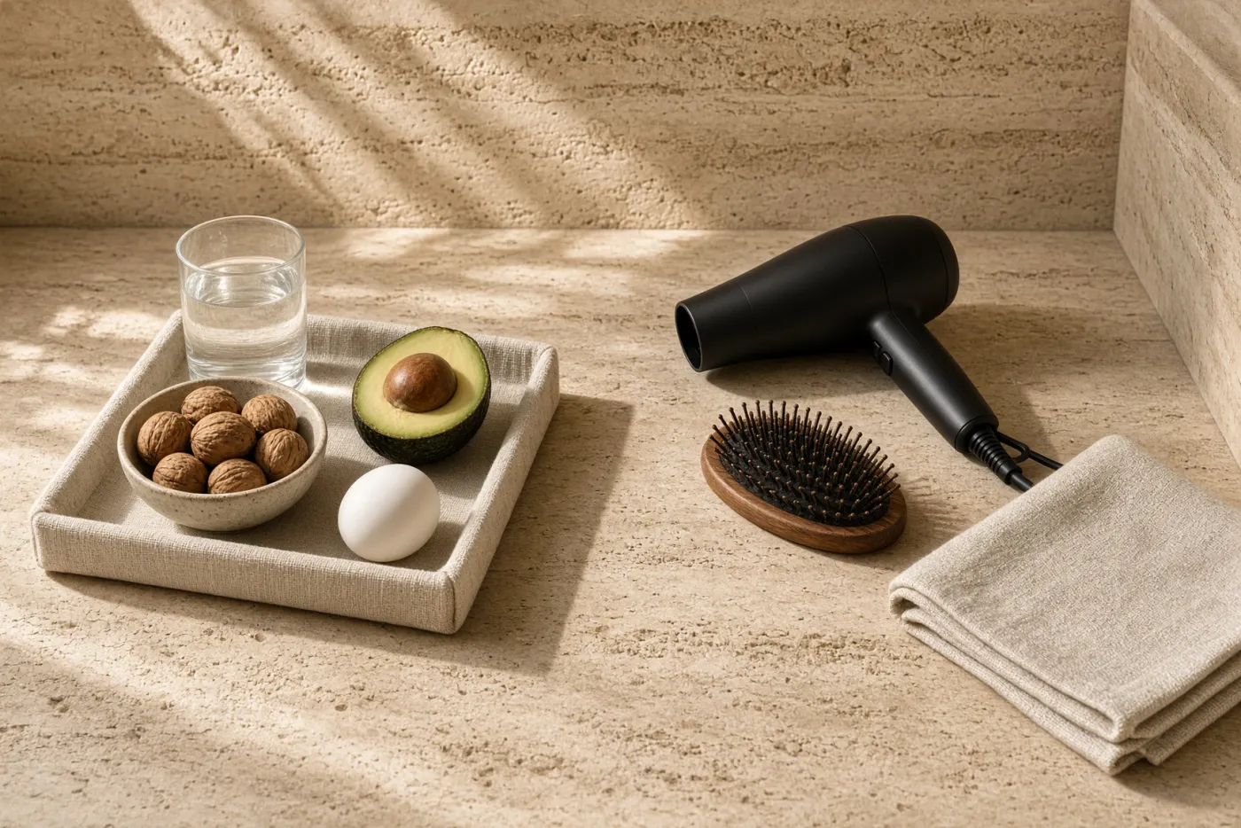 Plateau avec eau, noix, avocat et œuf à côté d'un sèche-cheveux, d'une brosse et d'une serviette