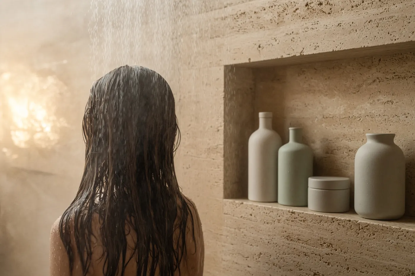 Femme de dos sous une douche chaude, flacons sans étiquette alignés dans une niche en pierre