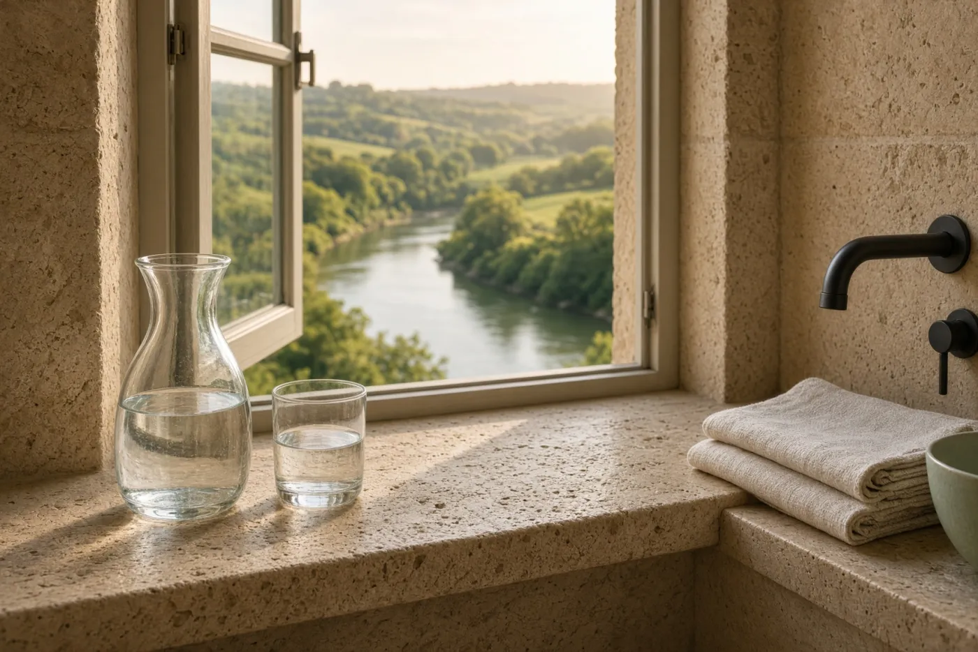 Caraffa e bicchiere d'acqua sul davanzale di una finestra aperta su una valle con fiume
