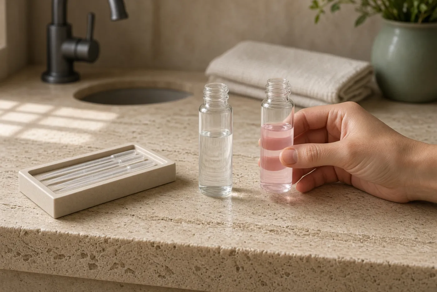 Mano con una provetta d'acqua rosata dopo un test del cloro, provetta di riferimento accanto