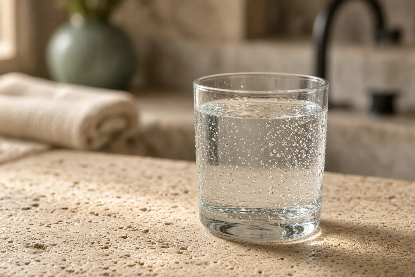 Bicchiere d'acqua del rubinetto con sottili bollicine d'aria su un piano in travertino