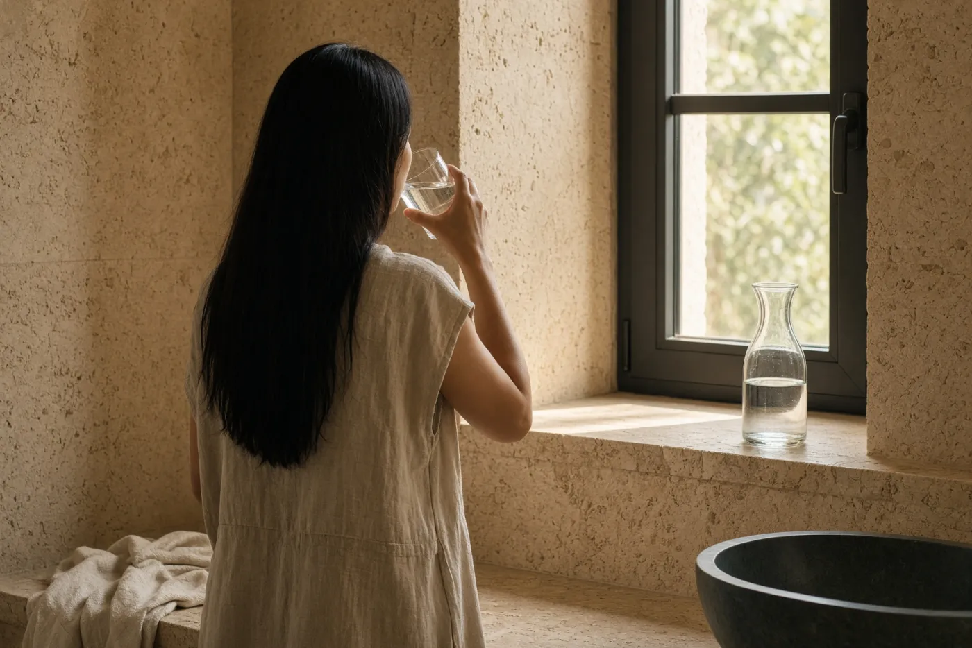 Donna di spalle con lunghi capelli neri beve un bicchiere d'acqua vicino alla finestra