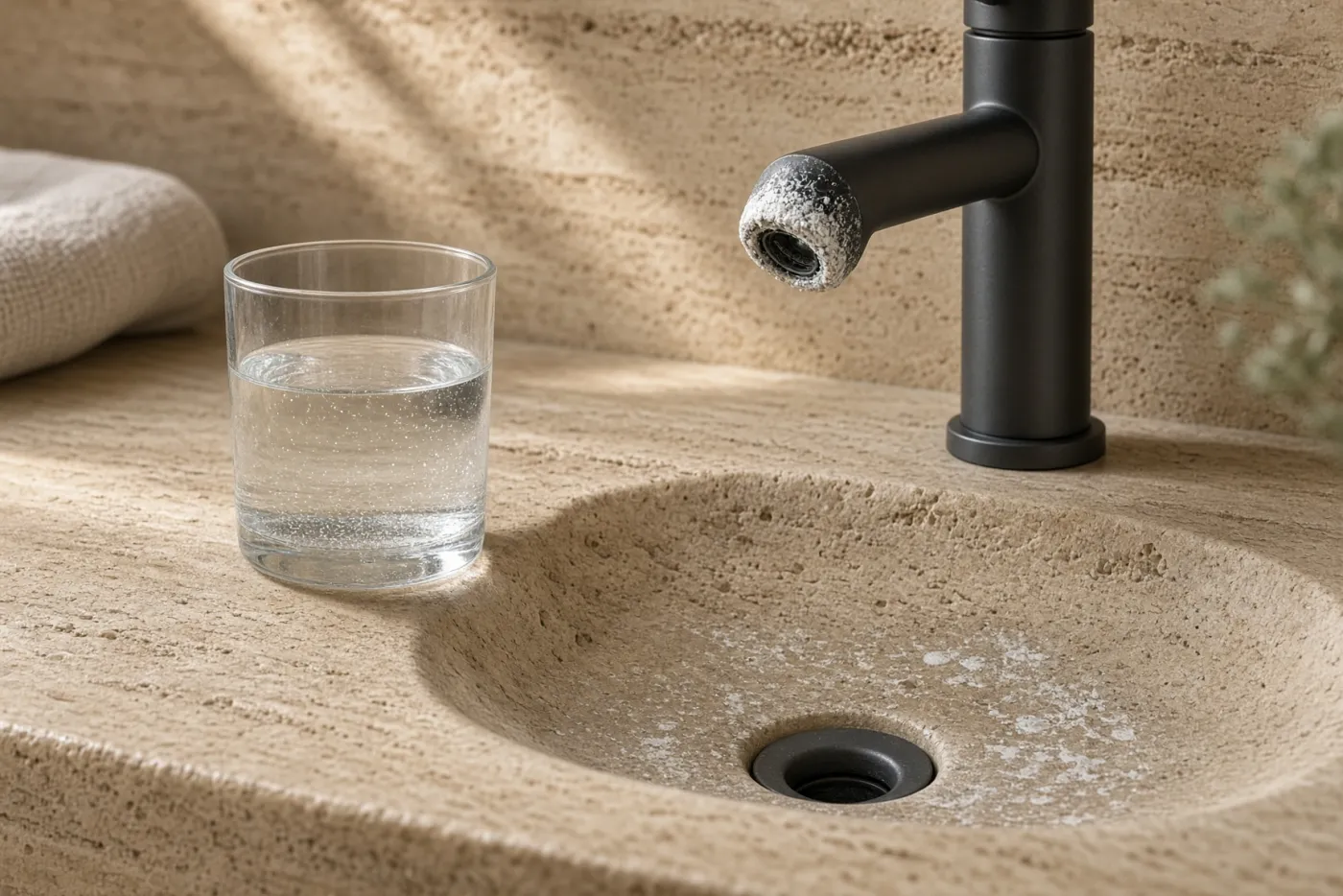 Glas kraanwater naast een verkalkte antraciet kraan en kalkresten
