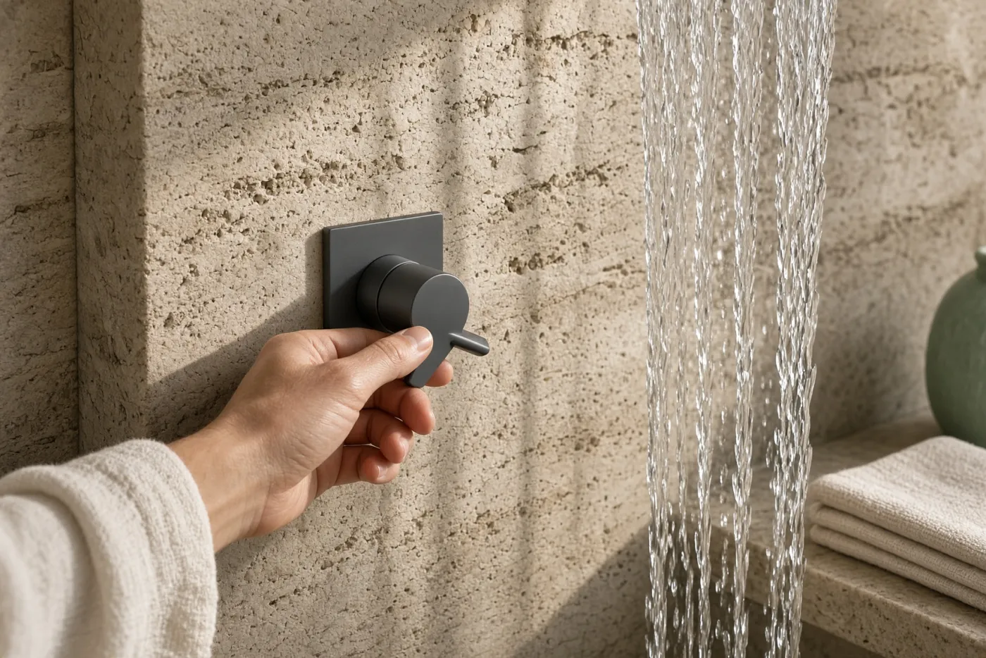 Hand draait de hendel van een antraciet mengkraan onder de douche naar koud water