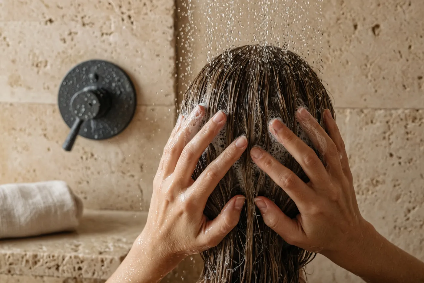Mains faisant mousser un shampooing peu moussant sur des cheveux mouillés sous la douche