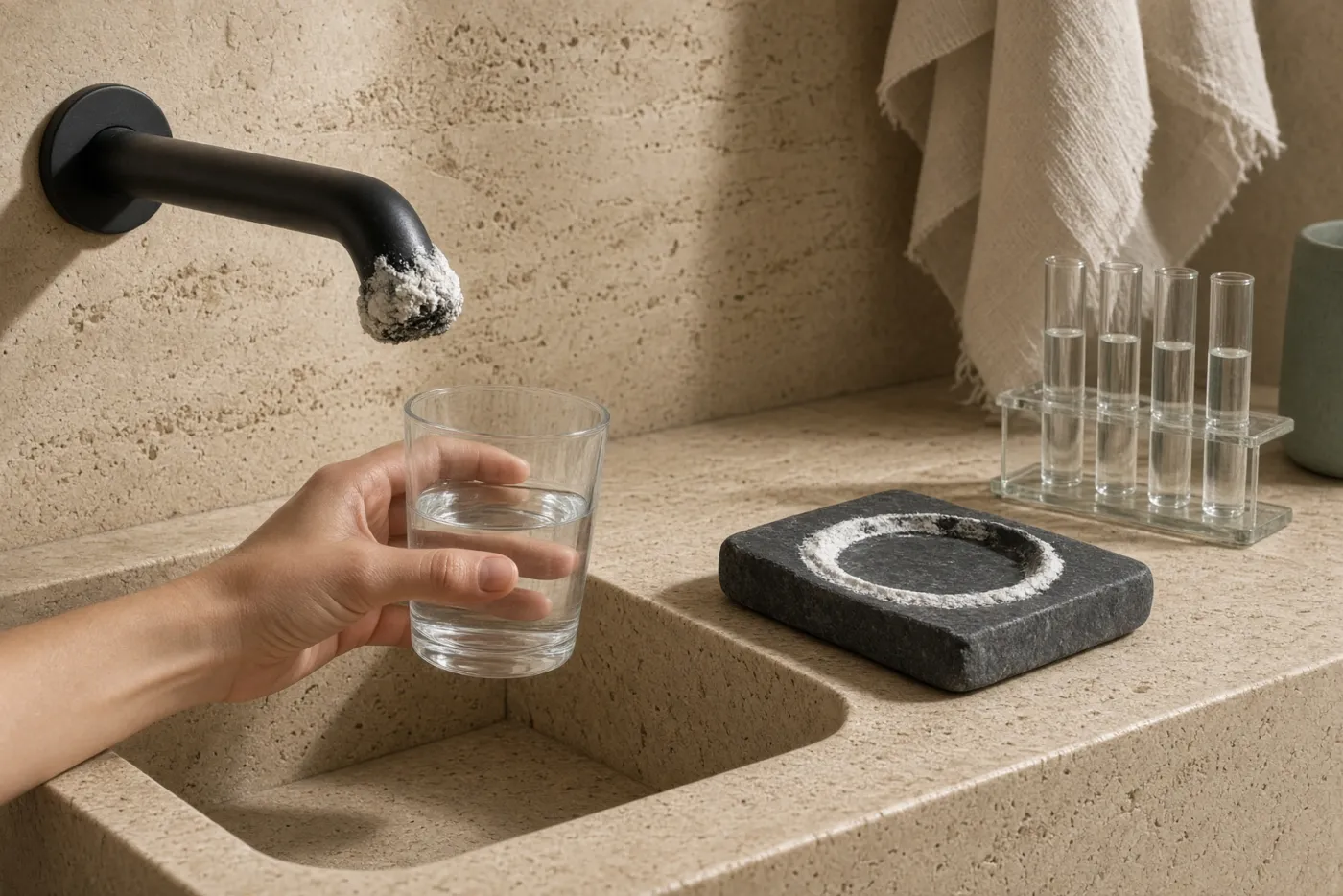 Main tenant un verre d'eau du robinet près d'un bec entartré et d'un porte-savon marqué de calcaire