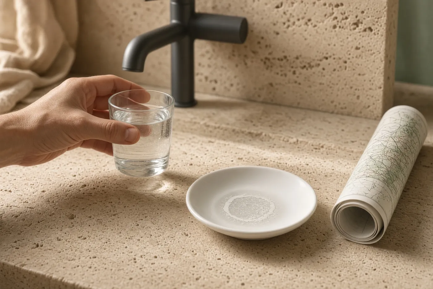 Hand houdt een glas water naast een schaaltje met een kalkring en een opgerolde kaart
