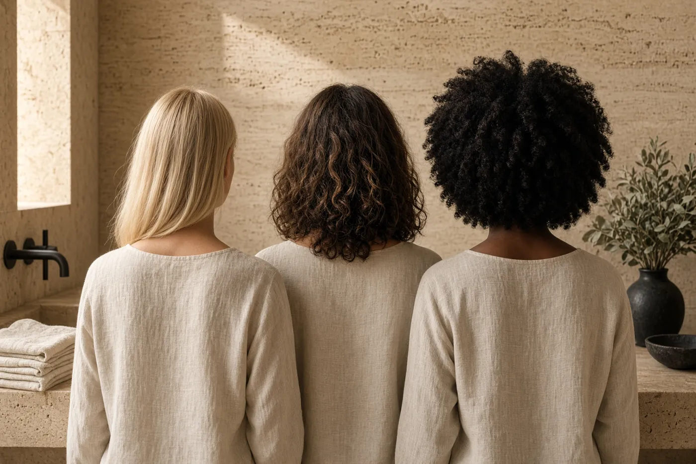 Trois personnes de dos aux cheveux raides blonds, bouclés bruns et crépus noirs côte à côte