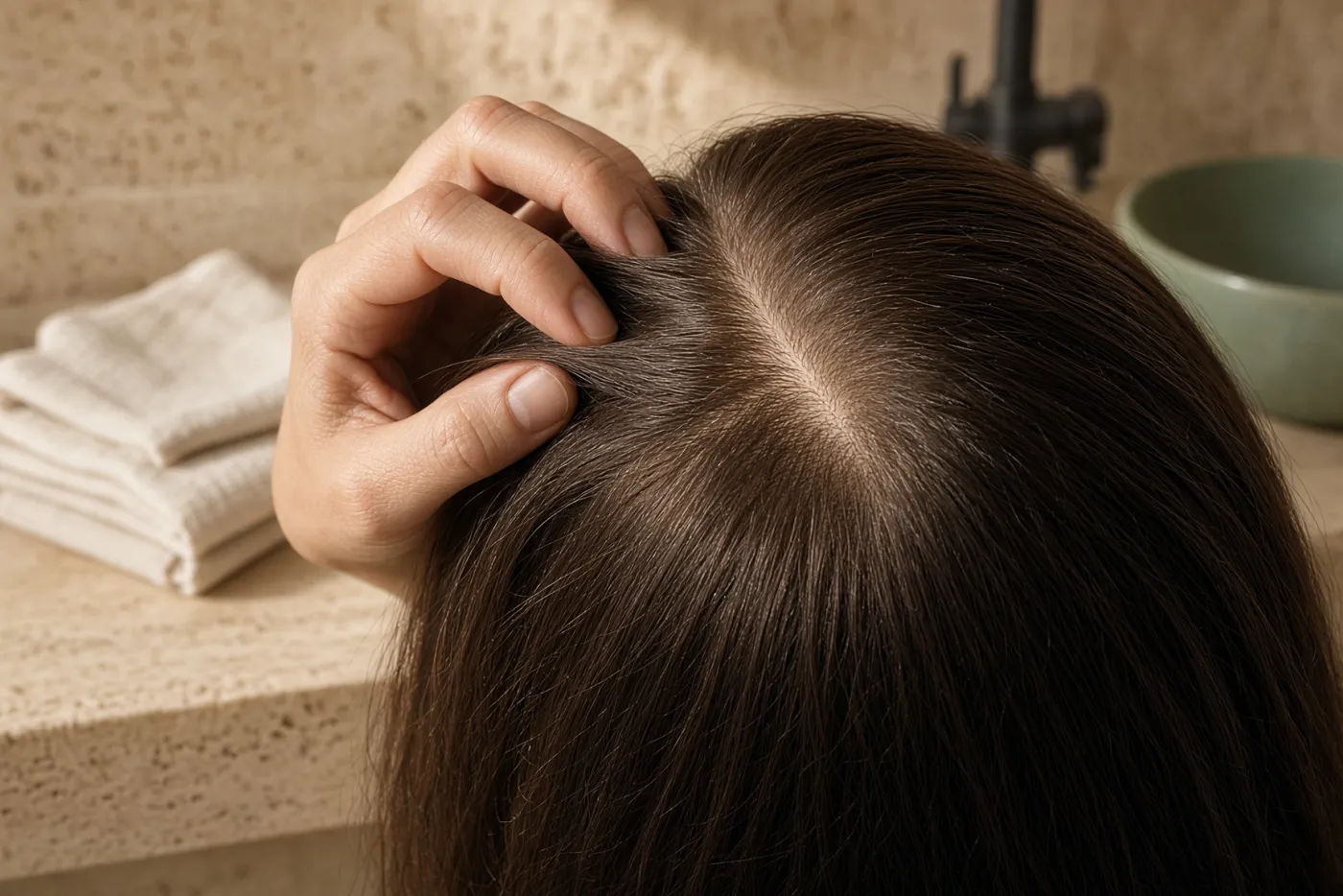 Main écartant des cheveux bruns pour montrer une raie et un cuir chevelu propres