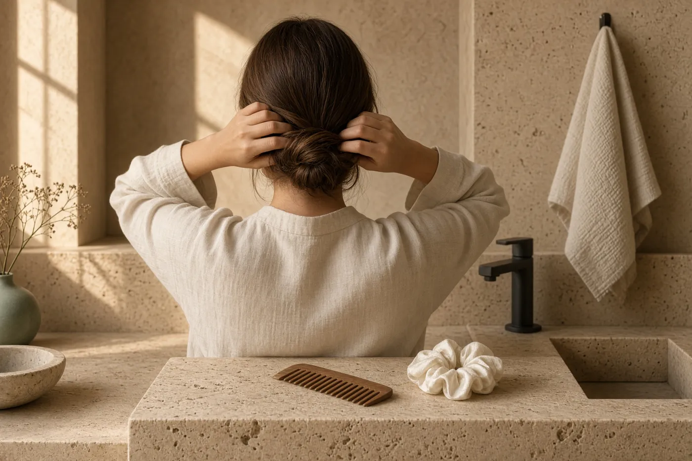 Femme de dos nouant ses cheveux bruns en chignon bas, peigne en bois et chouchou en soie