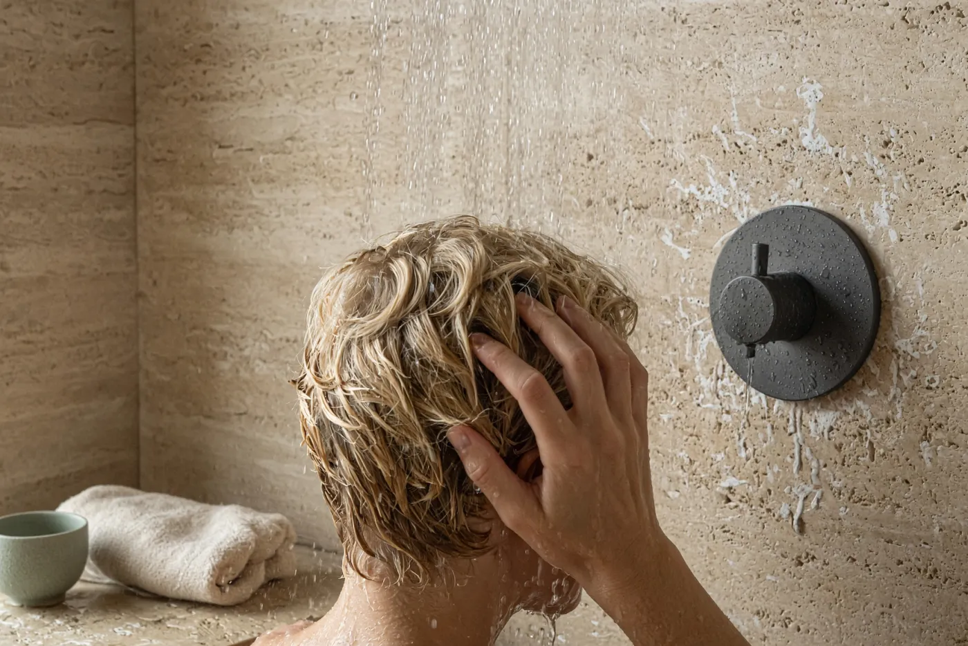 Main rinçant des cheveux blonds courts sous la douche, traces de calcaire sur le mitigeur