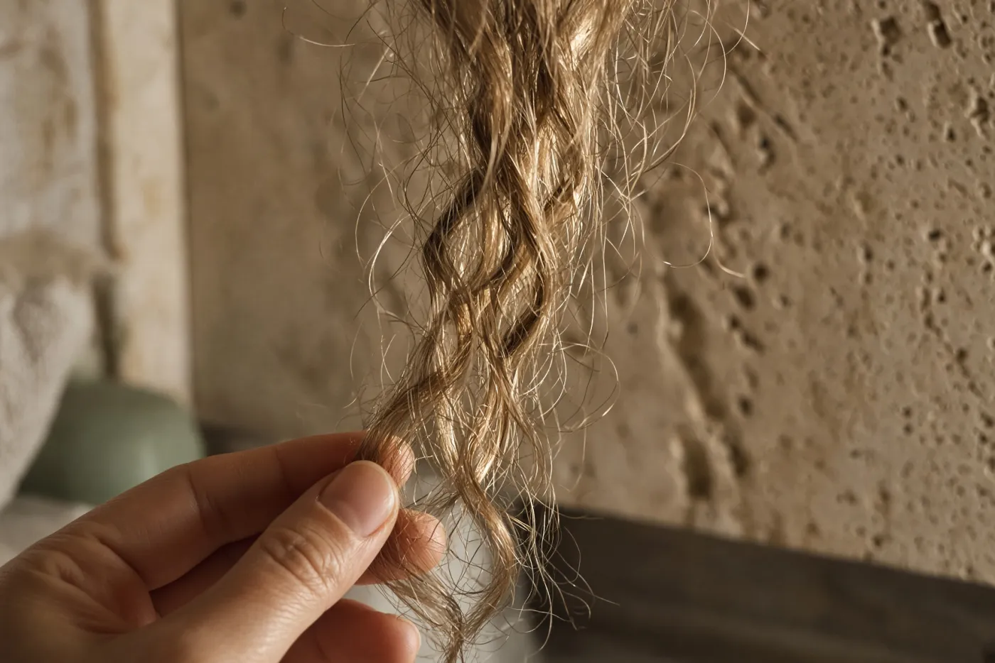 Mèche de cheveux blonds ondulés tenue entre deux doigts, frisottis visibles à contre-jour