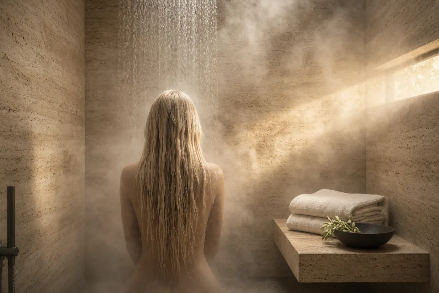 Femme de dos sous une douche très chaude, vapeur épaisse autour de ses longs cheveux blonds
