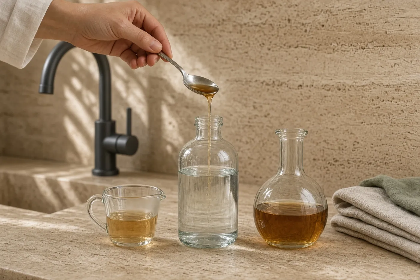 Lepel appelciderazijn wordt in een fles water gegoten om de zure spoeling te doseren