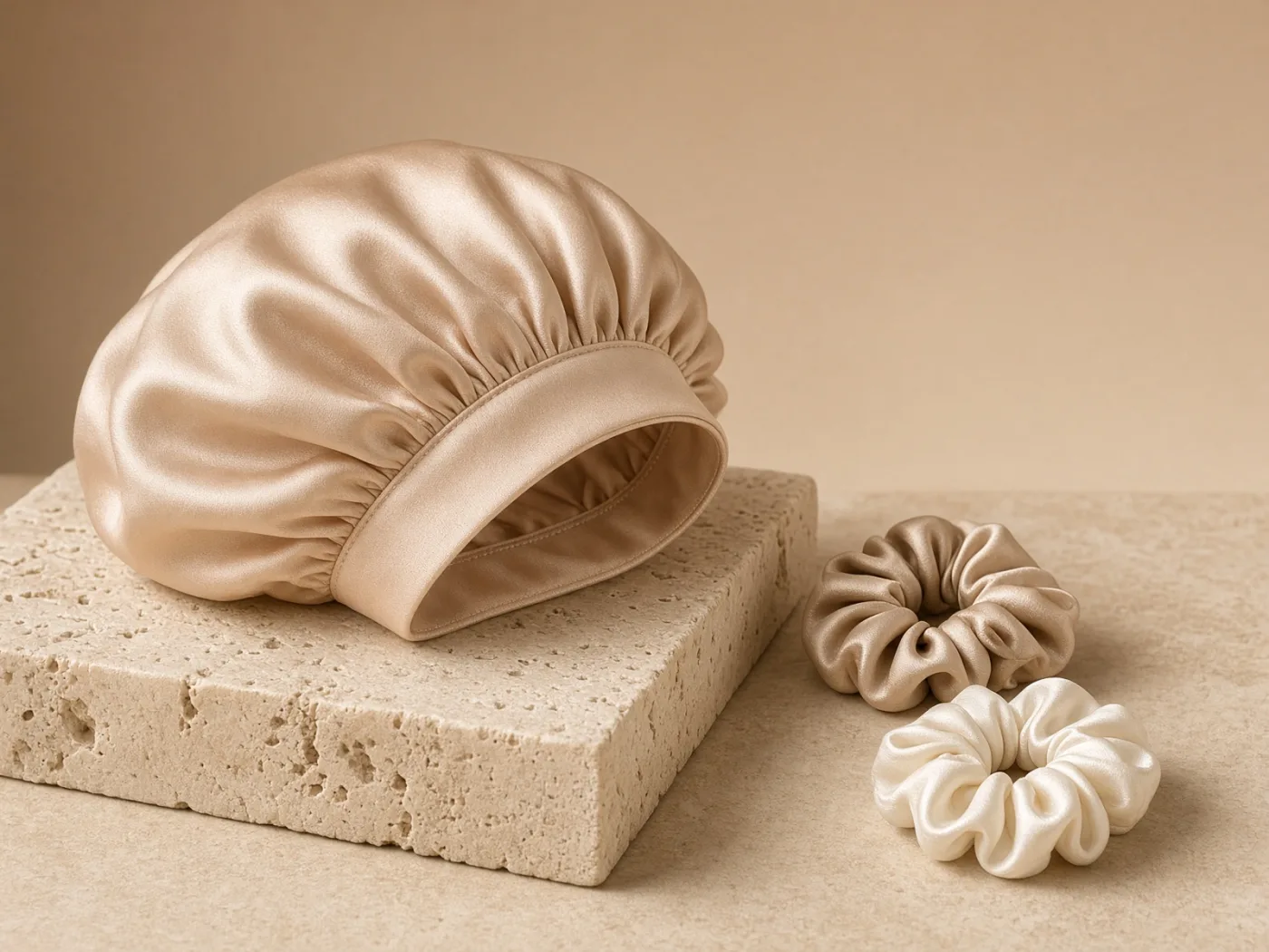 Bonnet van moerbeizijde in champagne op een stenen blok, met twee scrunchies