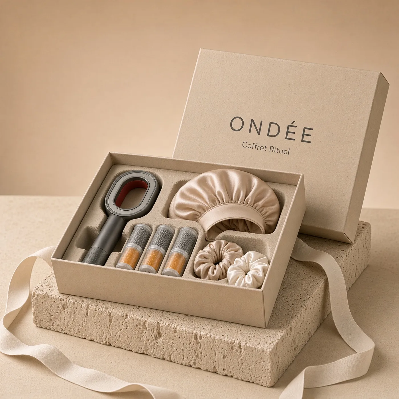 Geopende Rituel-cadeaubox van Ondée: douchekop, drie vervangfilters, zijden bonnet en twee scrunchies
